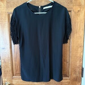 Marie Oliver Black Short-Sleeve Silk Blouse with Fringe Sleeves